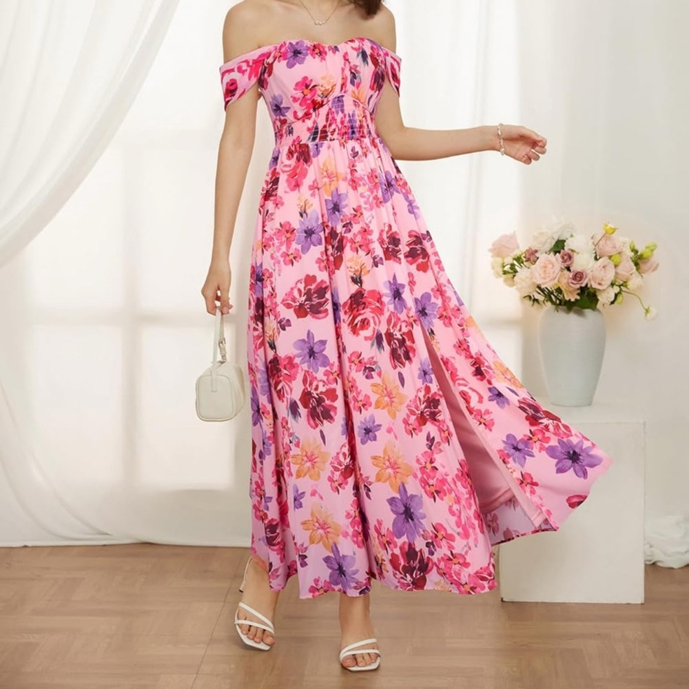 Elegant Strapless Floral Pink Dress